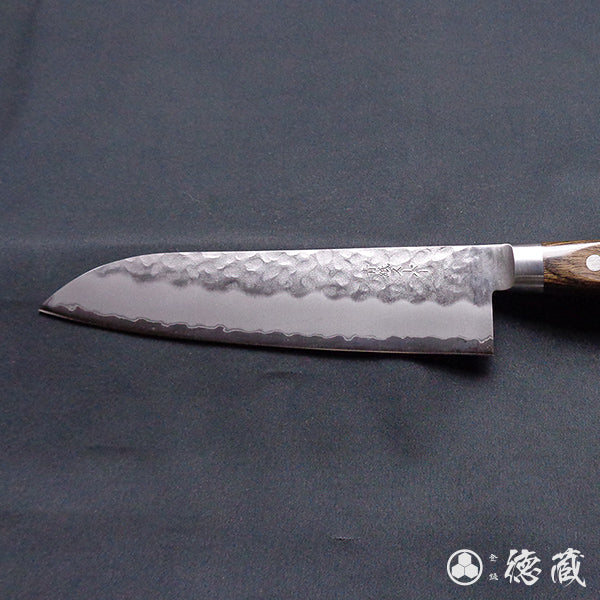 blue super carbon steel hammered finish santoku knife dark brown handle