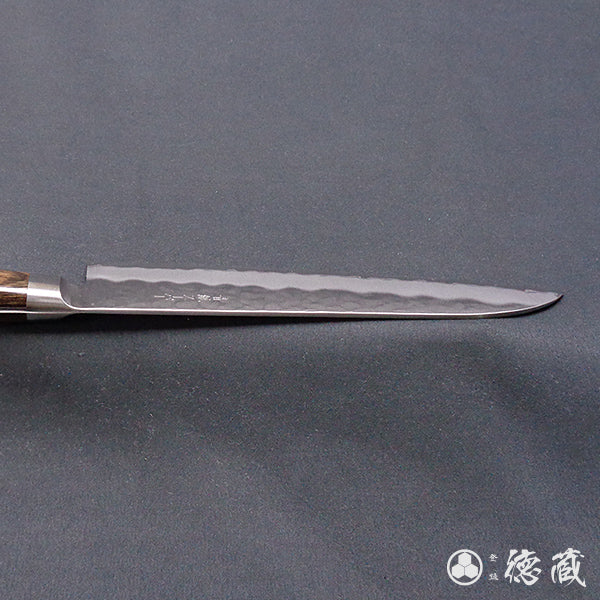 blue super carbon steel hammered finish santoku knife dark brown handle
