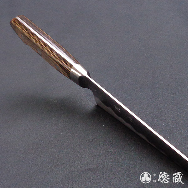 blue super carbon steel hammered finish santoku knife dark brown handle