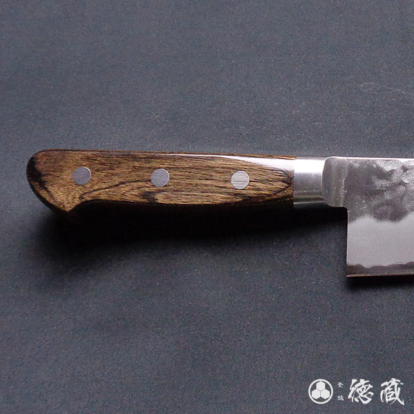 blue super carbon steel hammered finish santoku knife dark brown handle