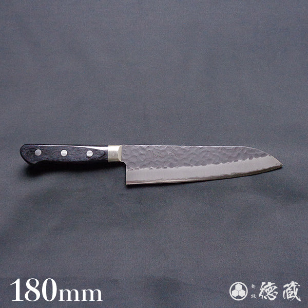 blue super hammered black surface finish Santoku knife black handle