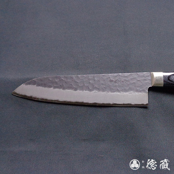 blue super hammered black surface finish Santoku knife black handle