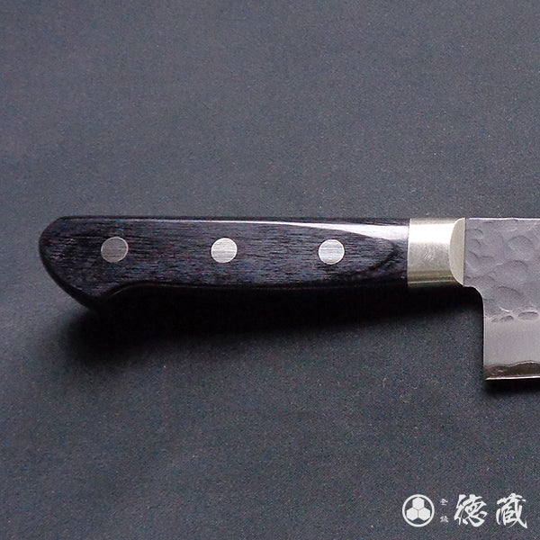 blue super hammered black surface finish Santoku knife black handle