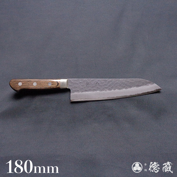 blue super carbon steel hammered black surface finish Santoku knife dark brown handle