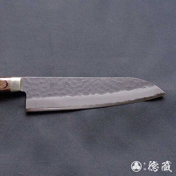blue super carbon steel hammered black surface finish Santoku knife dark brown handle
