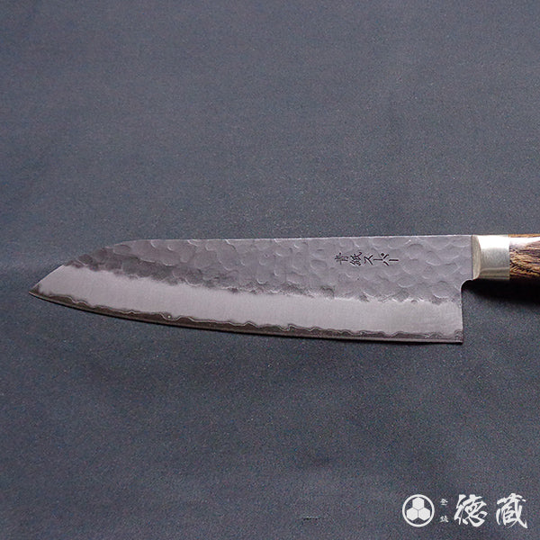 blue super carbon steel hammered black surface finish Santoku knife dark brown handle