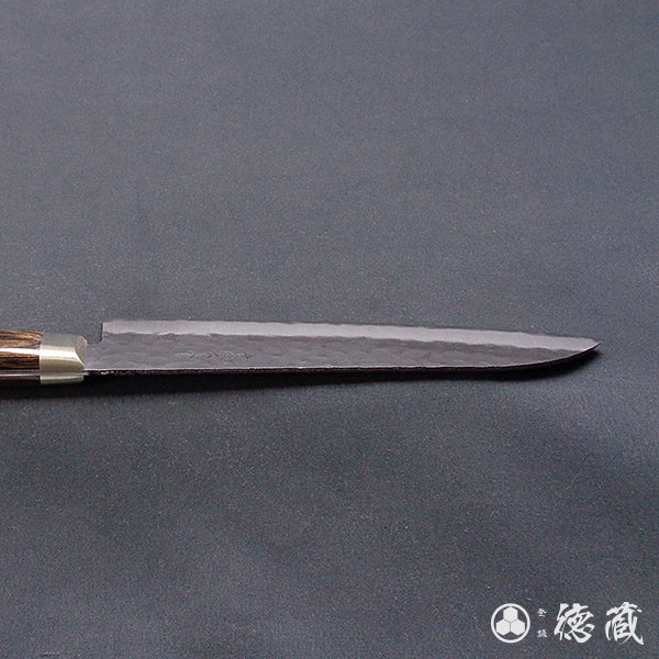 blue super carbon steel hammered black surface finish Santoku knife dark brown handle
