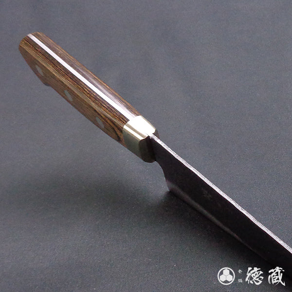 blue super carbon steel hammered black surface finish Santoku knife dark brown handle