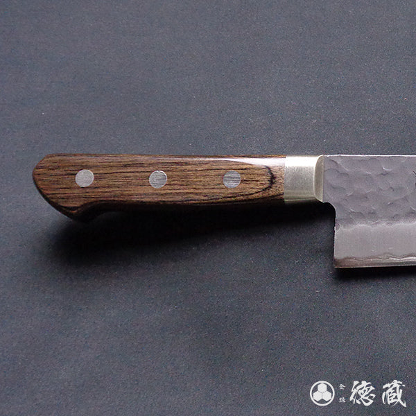 blue super carbon steel hammered black surface finish Santoku knife dark brown handle