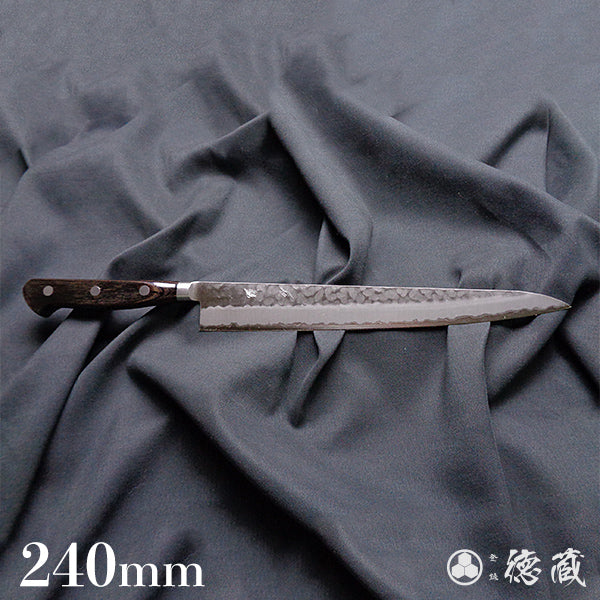 blue super carbon steel hammered finish sujihiki knife dark brown handle