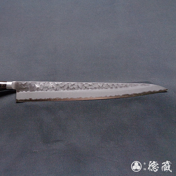 blue super carbon steel hammered finish sujihiki knife dark brown handle