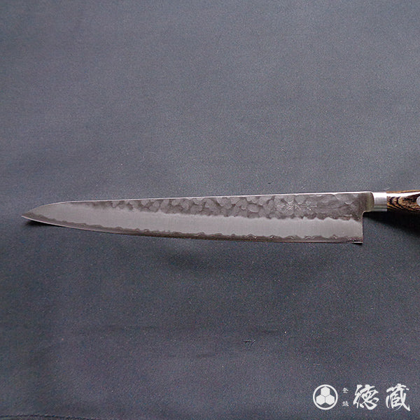 blue super carbon steel hammered finish sujihiki knife dark brown handle