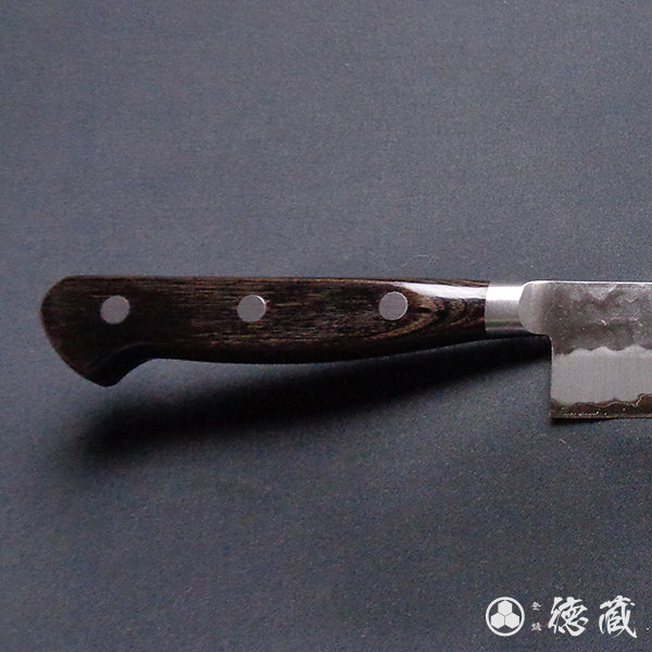 blue super carbon steel hammered finish sujihiki knife dark brown handle