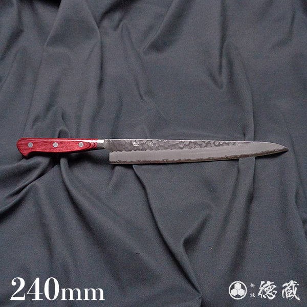 blue super carbon steel hammered finish Sujihiki knife red handle