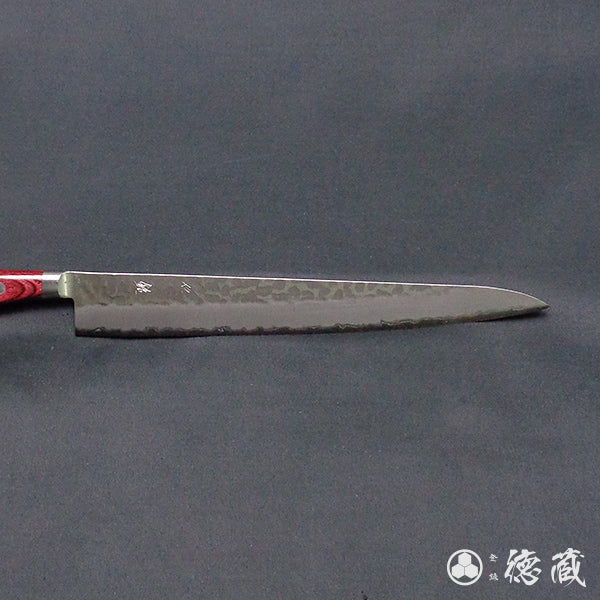 blue super carbon steel hammered finish Sujihiki knife red handle
