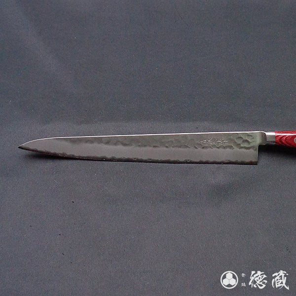 blue super carbon steel hammered finish Sujihiki knife red handle