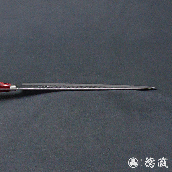 blue super carbon steel hammered finish Sujihiki knife red handle