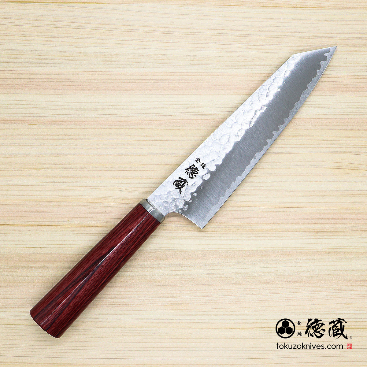 VG10 大马士革　切付三德刀　红色合板手柄