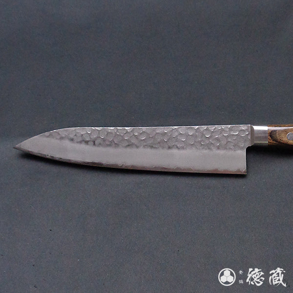 AUS8 Hammered and Rippled Finish Sword-Shaped Santoku Knife with Dark Brown Handle