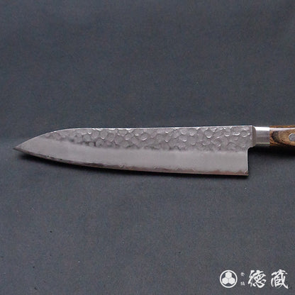 AUS8 Hammered and Rippled Finish Sword-Shaped Santoku Knife with Dark Brown Handle