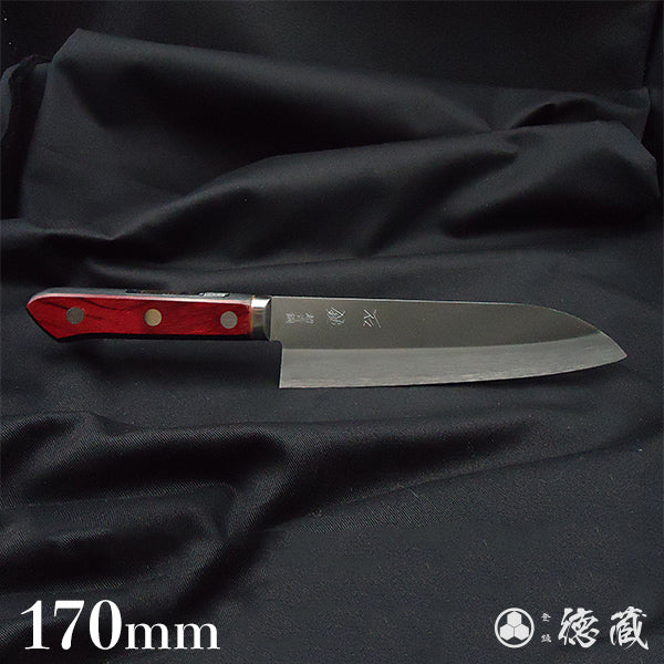 Blue S Polished finish Santoku knife Red and black handle