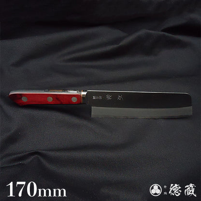 Blue S vegetable knife with red and black handle