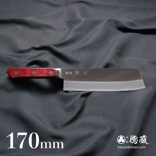 Blue S vegetable knife with red and black handle