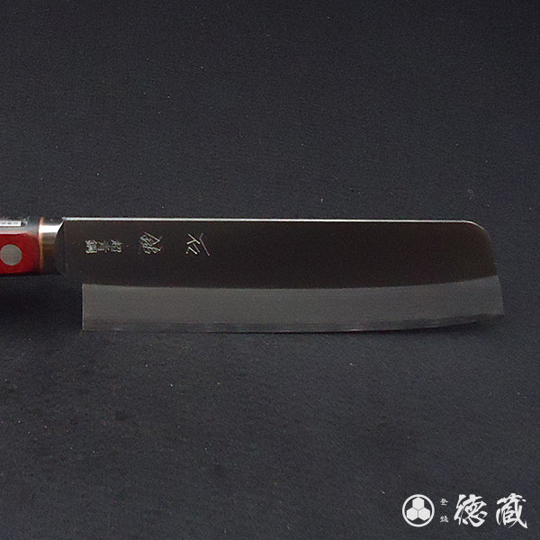 Blue S vegetable knife with red and black handle