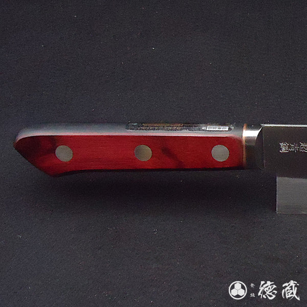 Blue S vegetable knife with red and black handle