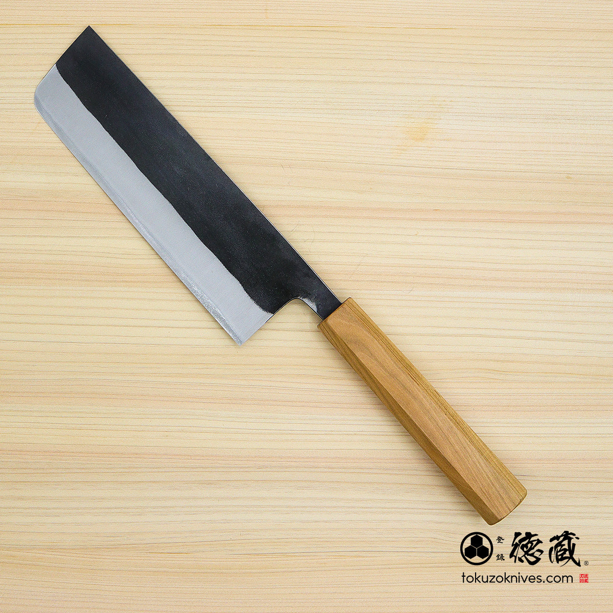 Carbon White Steel No. 2　 Nakiri Knife　blackened finish Cherry Wood Octagonal Handle