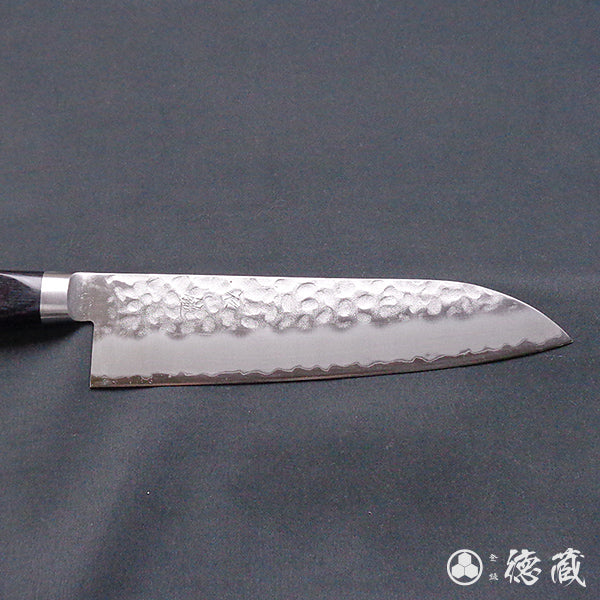 blue super carbon steel   hammered finish santoku-knife  black handle