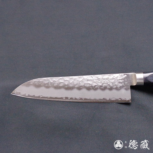 blue super carbon steel   hammered finish santoku-knife  black handle