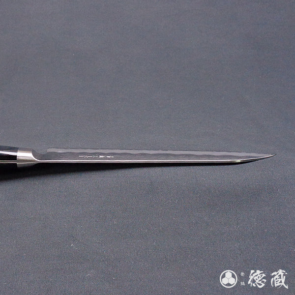 blue super carbon steel   hammered finish santoku-knife  black handle