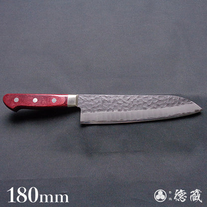 blue super carbon steel   hammered black surface finish   Santoku knife  red handle