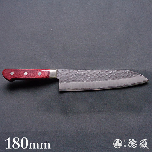青S 黒肌槌目仕上 三徳包丁 赤ハンドル