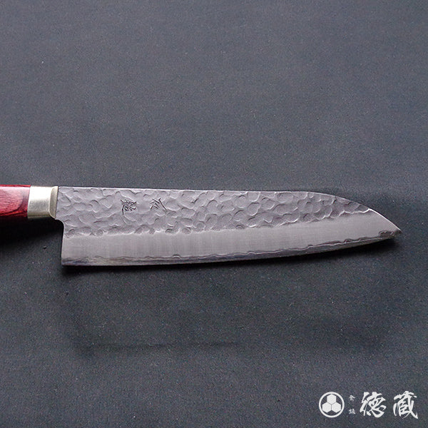 blue super carbon steel   hammered black surface finish   Santoku knife  red handle