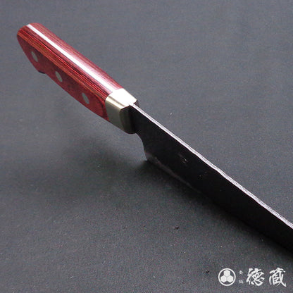 blue super carbon steel   hammered black surface finish   Santoku knife  red handle