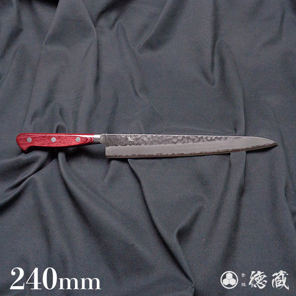 blue super carbon steel  hammered  finish  Sujihiki knife   red  handle