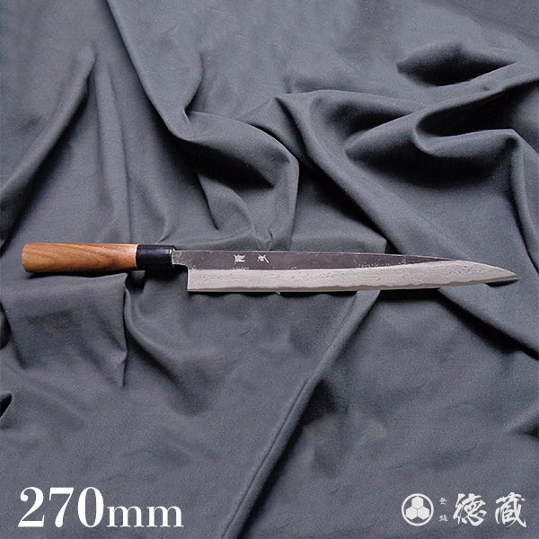 Carbon Blue Steel No. 2 Damascus Steel Black Finish Sujibiki Knife (Muscle Knife) Walnuts Handle
