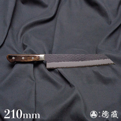 blue super carbon steel   hammered black surface finish   Kiritsuke knife   dark brown handle