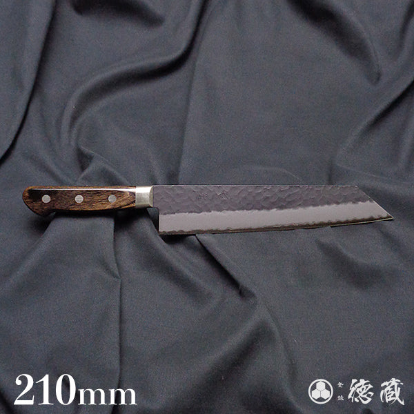 blue super carbon steel   hammered black surface finish   Kiritsuke knife   dark brown handle