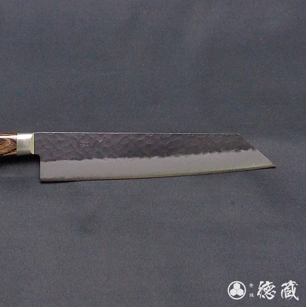 blue super carbon steel   hammered black surface finish   Kiritsuke knife   dark brown handle