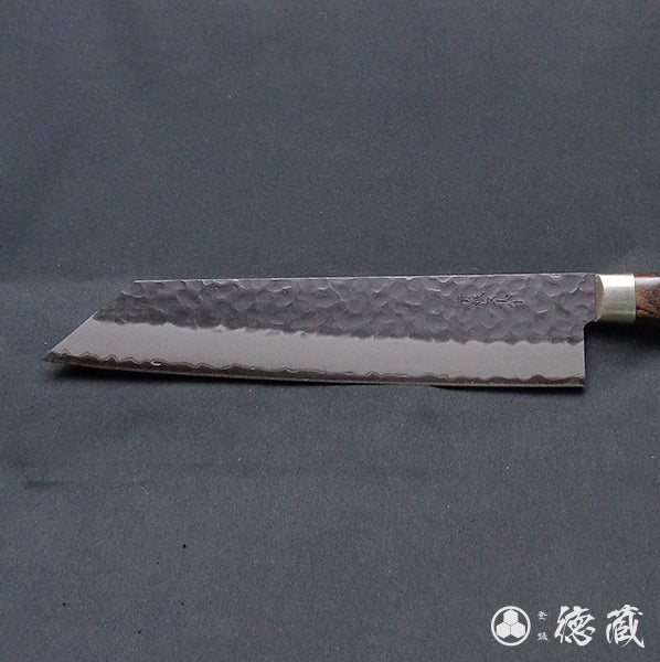 blue super carbon steel   hammered black surface finish   Kiritsuke knife   dark brown handle