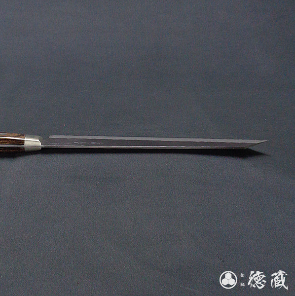 blue super carbon steel   hammered black surface finish   Kiritsuke knife   dark brown handle