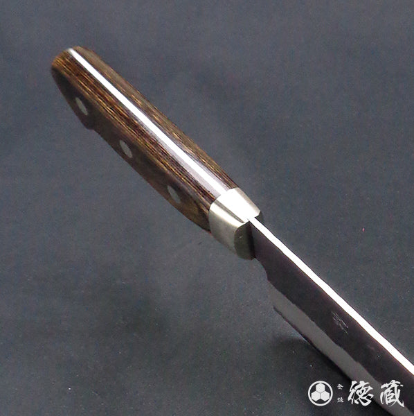 blue super carbon steel   hammered black surface finish   Kiritsuke knife   dark brown handle