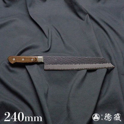 blue super carbon steel   hammered black surface finish   Kiritsuke knife   dark brown handle